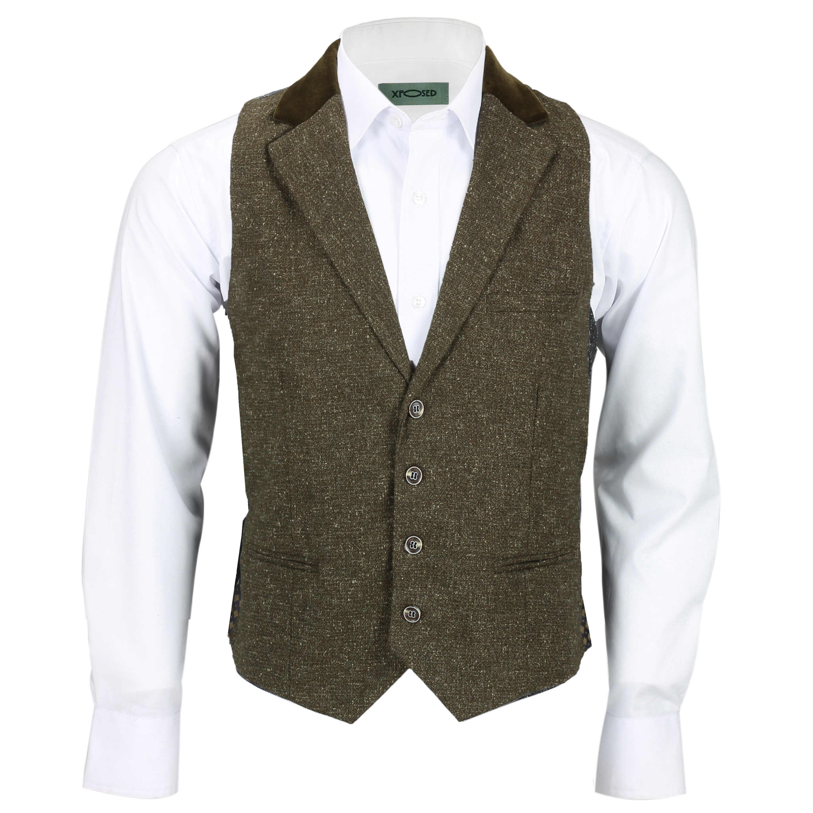 Mens Tweed Wool Waistcoat Vintage Velvet Collared Smart Casual Vest